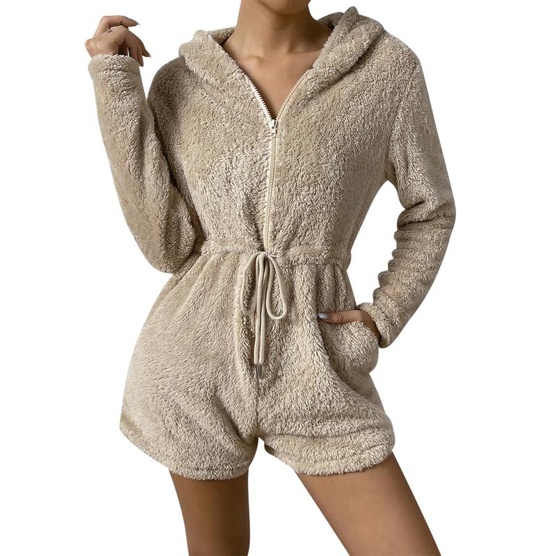 Women Fuzzy Rompers Casual Solid Color Zipper Plush Jumpsuit Trendy Drawstring Long Sleeve Bodysuit Loungewear,S M L XL