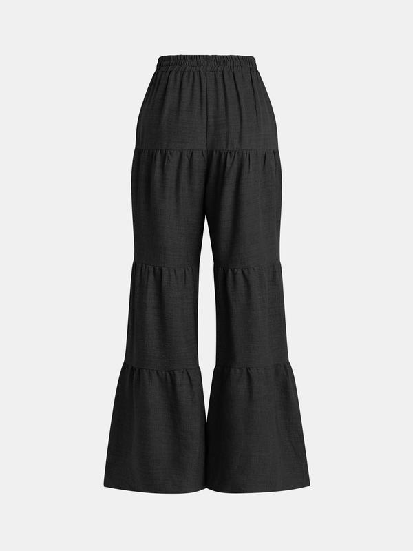 YOZY [Size 4-14] Plain Drawstring Ruffle Wide Leg Pants  Casual Elastic High Waist Trousers, 2024 Women's Spring & Fall Outfits for Daily Wear, [S-XXL]