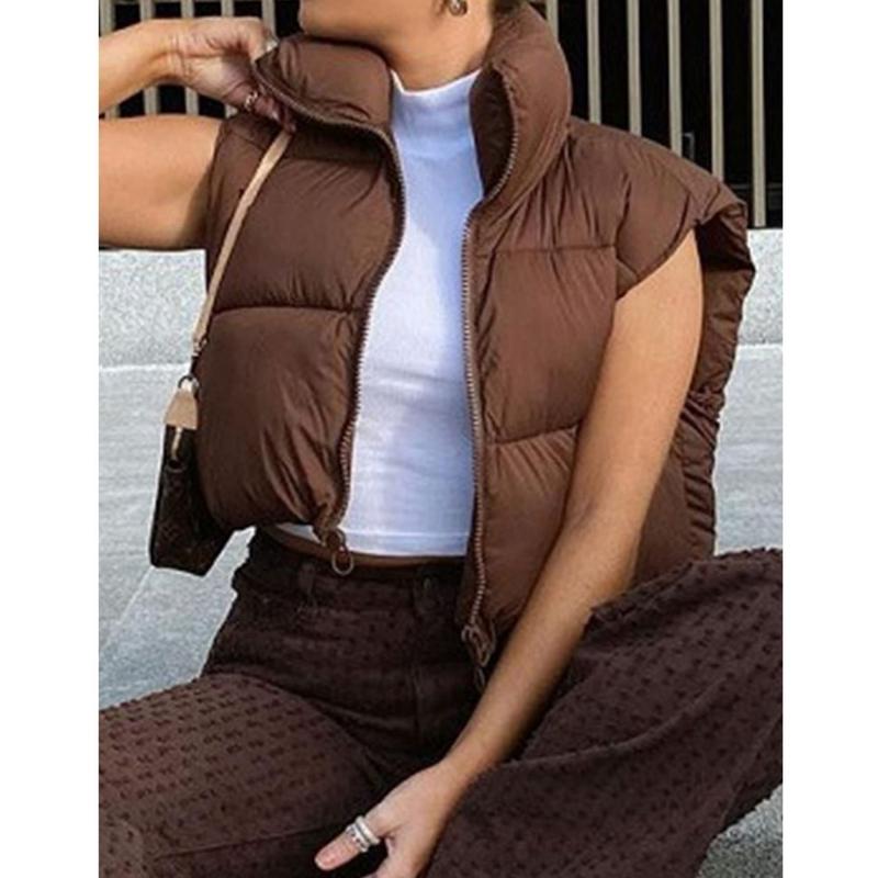 Women's Cropped Puffer Vest Lightweight Stand Collar Zip Up Padded Gilet with Pockets