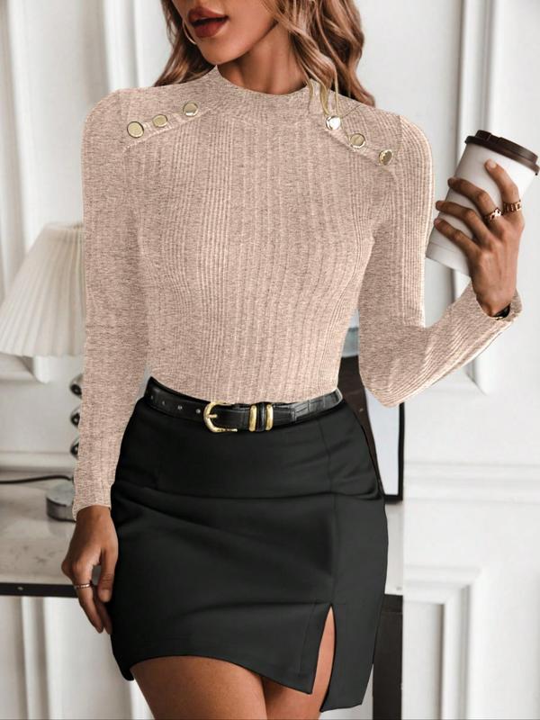 Women's Plain Double Button Mock Neck Sweater, Casual Long Sleeve Jumper for Spring & Fall, Fashion Women's Knitwear for Daily Wear