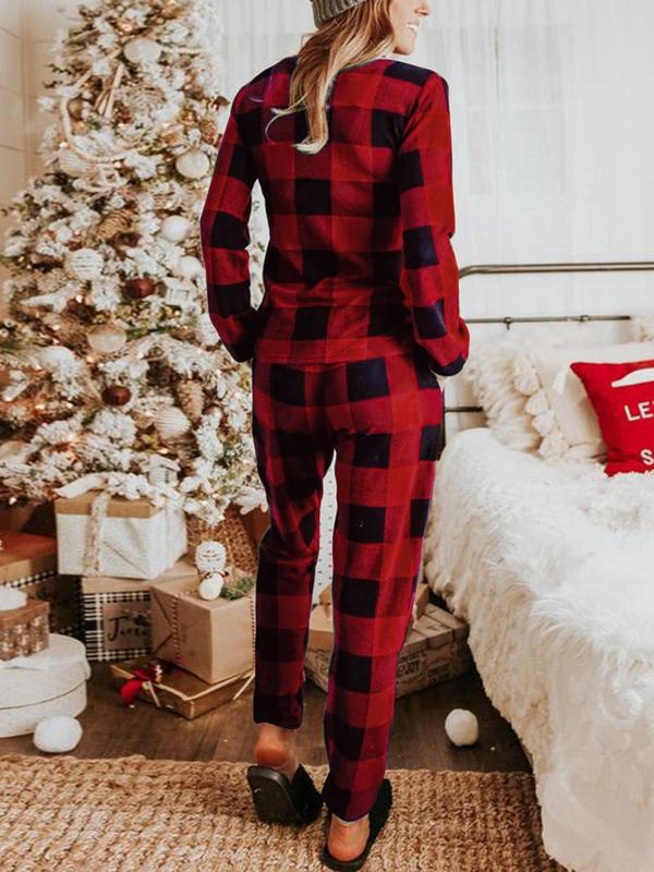 Women's Christmas Plaid Print V Neck Tee & Elastic Waist Pants Flannelette Loungewear Two-piece Set, Casual Comfy Long Sleeve Top & Tie Front Trousers Pj Set,  Lounge Set for Women, Ladies Sleepwear for Spring & Fall