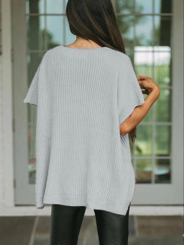 Women's Plain Textured Split Hem Batwing Sleeve Knit Top, Casual Short Sleeve Round Neck Knitwear for Summer,  Women's Sweaters,  Sweaters for Women, Fashion Women's Knit Clothing for Daily Wear