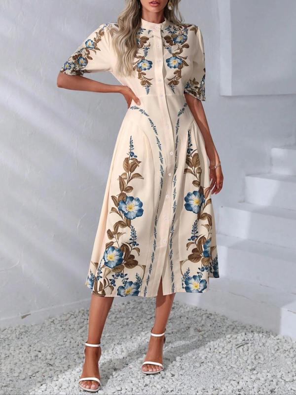 Women's Floral Print Button Front Vintage Dress, Elegant Stand Collar Puff Sleeve A Line Dress, Ladies Clothes For Vacation Holiday Wedding Guest