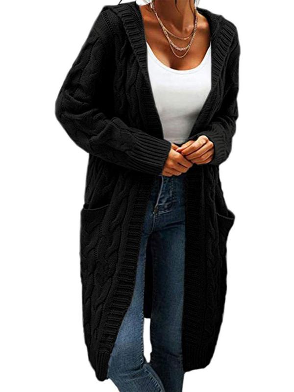  Cable Knit Pocket Hooded Cardigan, Casual Long Sleeve Open Front Knitwear for Fall & Winter, Gift Set, Cardigan for Women, Women's Clothing for Daily Wear