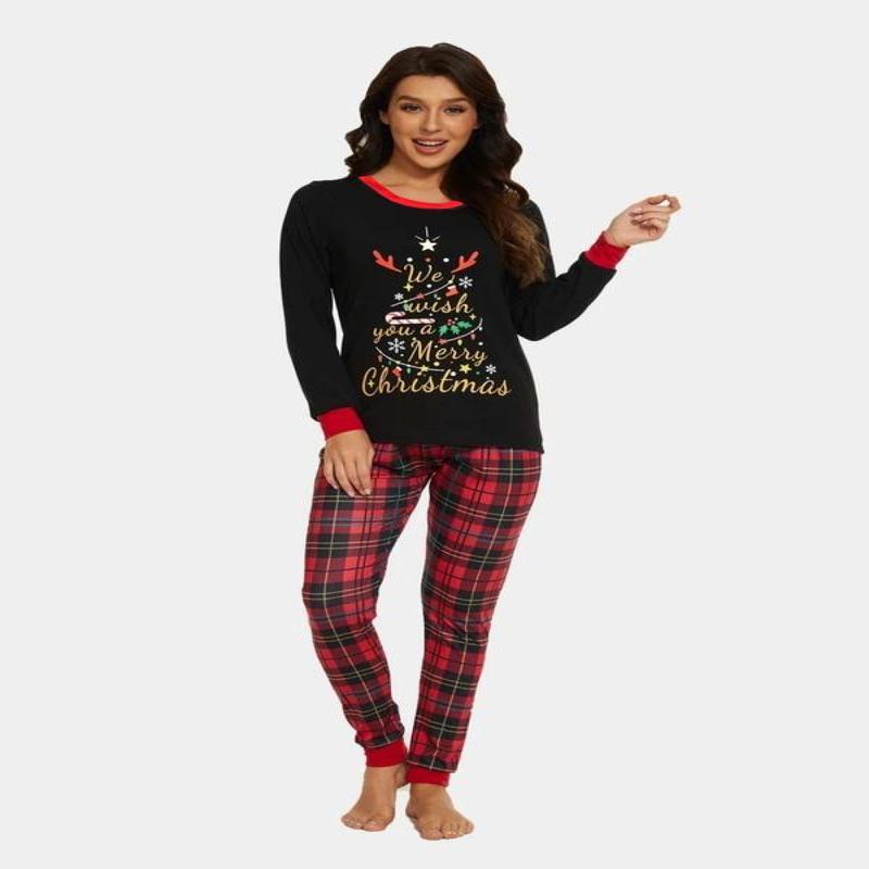 Couple Christmas print long sleeve sleep Tee & jogger pants pajama two-piece set, casual comfy round neck top & elastic waist trousers matching pajamas PJ set, Christmas pajamas, couple's sleepwear & loungewear