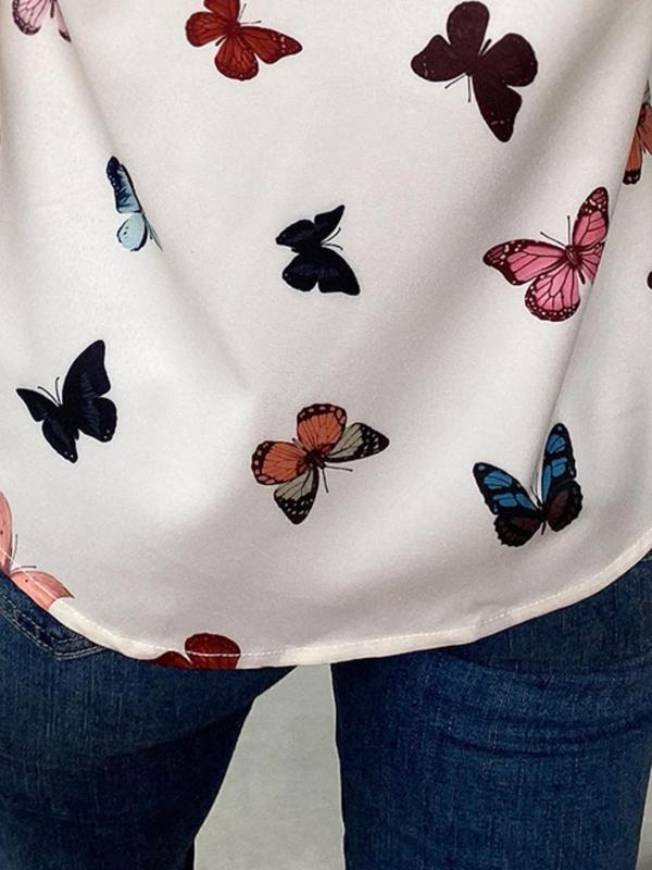 Women's Butterfly Print Button Front Shirt, Casual Long Sleeve Collared Top for Daily Wear, Ladies Clothes for All Seasons