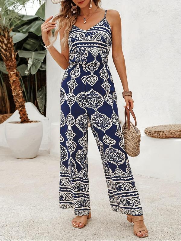 Women's Ethnic Pattern Cami Jumpsuit, Boho Fashion Adjustable Spaghetti Strap Wide Leg Jumpsuit for Beach Holiday Vacation, Ladies Summer Clothes