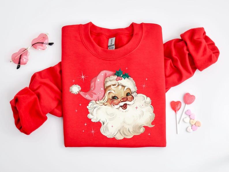 Pink Santa Retro Christmas Sweatshirts for Women Pink Christmas Matching Family Sweaters Pink Vintage Holiday Crewneck Group Party Comfort Cotton