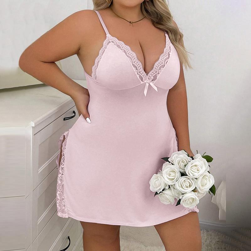 ChicMe Women's Plus Size Bowknot Decor Lace Patch Slit Sleep Dress Comfortable Fabric night gown Soft Womenswear Loungewear Nightwear Breathable lacetrim  sleep Sheer Lace Split Thigh Nightdress Lace Adjustable  Sleepwear Women's V-Neck Lace lingerie sexy