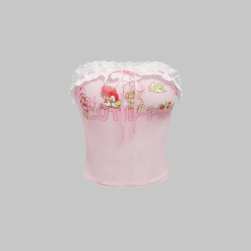 Strawberry Shortcake | ROMWE Women Summer Cartoon Character & Letter Print Contrast Schiffy Ruffle Trim Bow Decor Tube Top