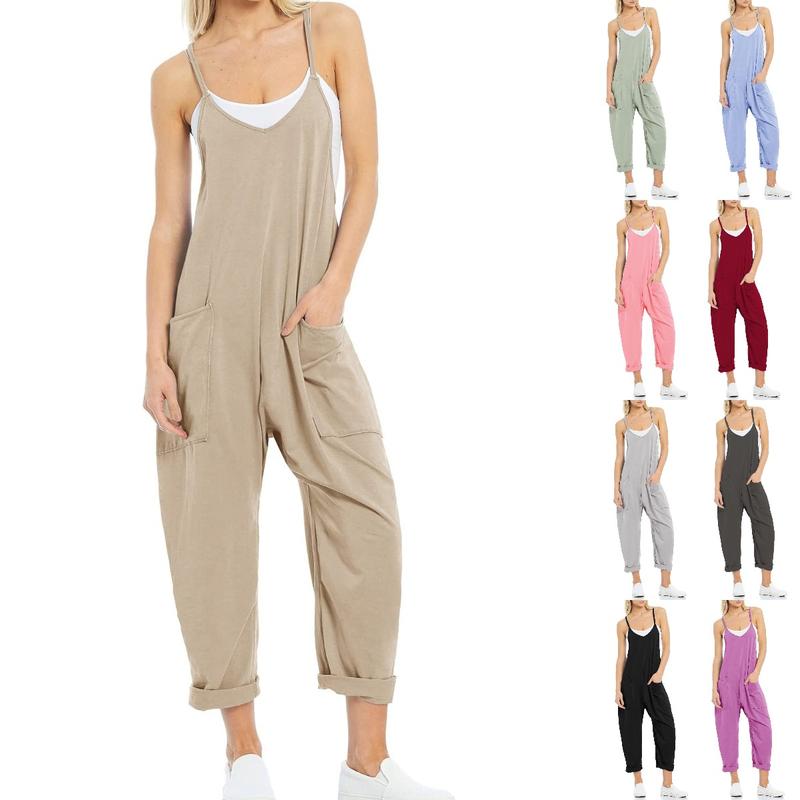 Goranbon Womens Casual Sleeveless Jumpsuits Spaghetti Strap Loose Romper Long Pants with Pockets