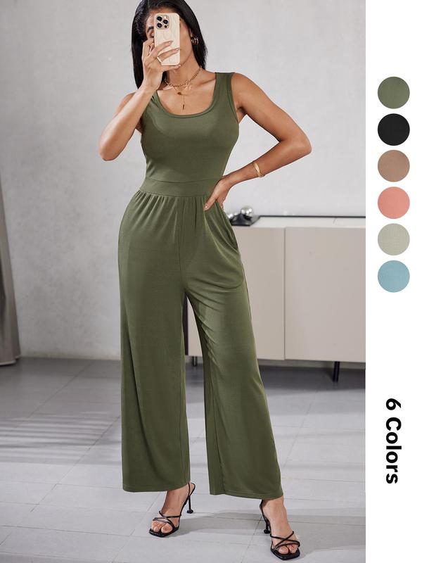 YOZY [7 Colors, Size 0 2-14] Solid High Waist Wide Leg Tank Jumpsuit  Casual Comfort Sleeveless Jumpsuit, 2024 Women's Daily Wear for Summer & Fall, XS-XXL