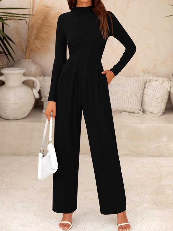 Women's Solid Zipper Back Pocket Mock Neck Wide Leg Jumpsuit, Casual Long Sleeve Plicated Ribbed Jumpsuit for Spring & Fall, Women's Clothes for Daily Wear