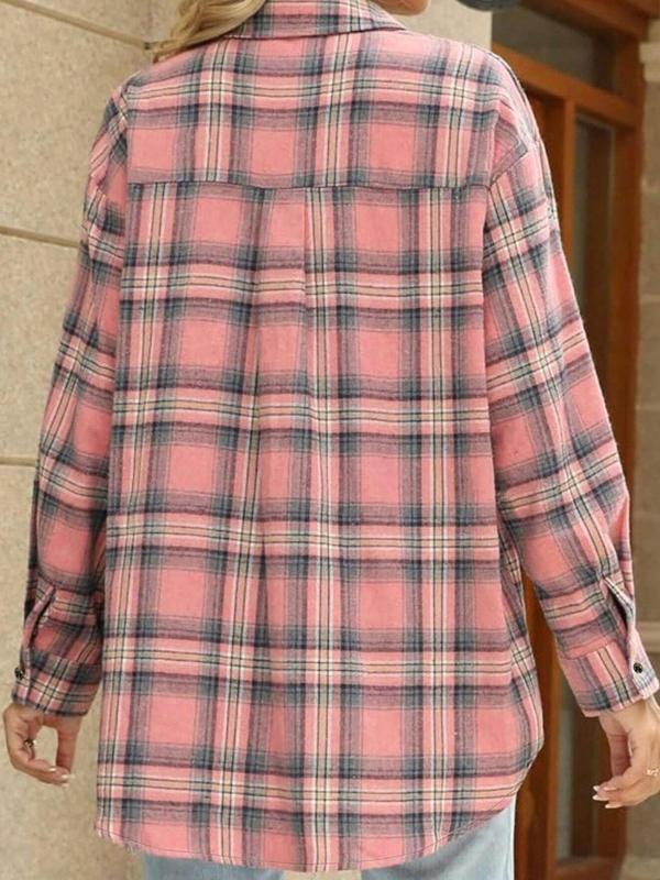  Plaid Print Button Shirt, Casual Long Sleeve Collared Top for Fall & Winter, Women's Clothes for Daily Wear