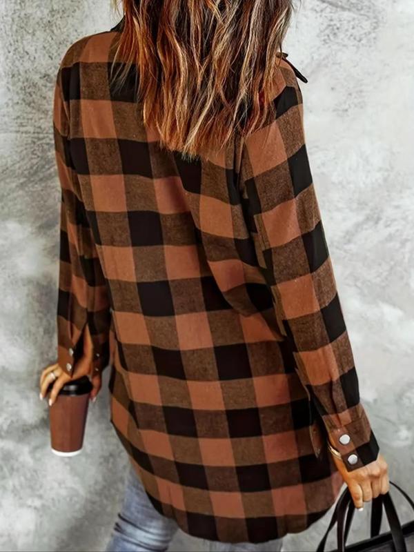 Women's Plaid Print Button Front Pocket Shirt, Casual Long Sleeve Collared Top for Spring & Fall, Women's Clothes for Daily Wear