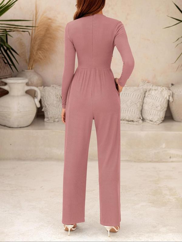 Women's Solid Zipper Back Pocket Mock Neck Wide Leg Jumpsuit, Casual Long Sleeve Plicated Ribbed Jumpsuit for Spring & Fall, Women's Clothes for Daily Wear