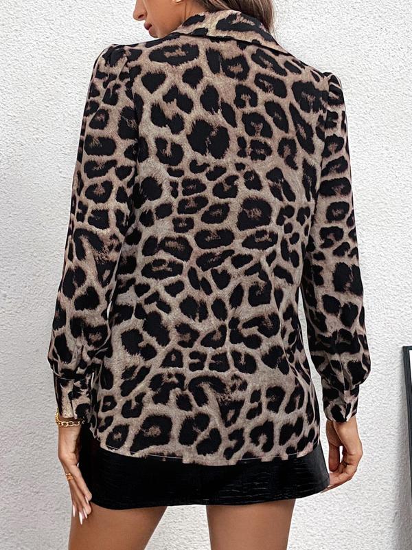 Women's Leopard Print Button Front Blouse, Elegant Long Sleeve Collared Top For Spring & Fall, Ladies Clothes For Work Office Business