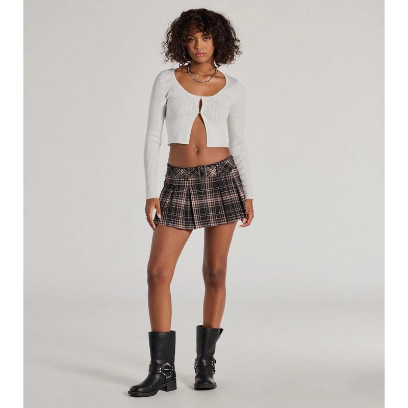 Totally Fab Belted Plaid Pleated Micro Skort