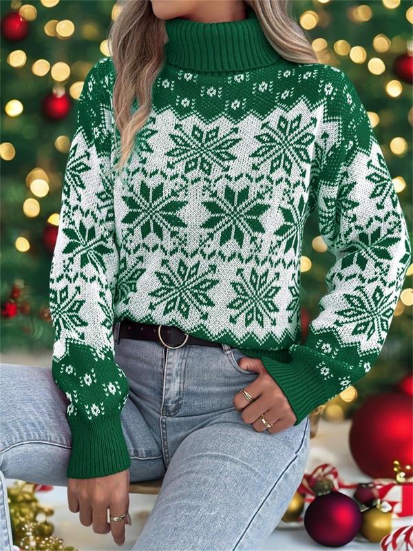 Women's Christmas Snowflake Print Drop Shoulder Sweater Pullover, Casual Long Sleeve High Neck Jumper for Fall & Winter, Women's Knitwear for Daily Wear