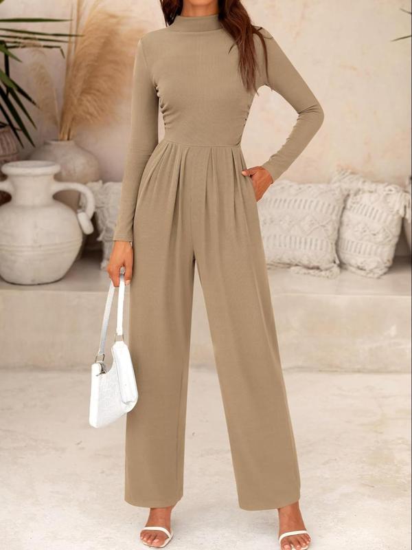 Women's Solid Zipper Back Pocket Mock Neck Wide Leg Jumpsuit, Casual Long Sleeve Plicated Ribbed Jumpsuit for Spring & Fall, Women's Clothes for Daily Wear