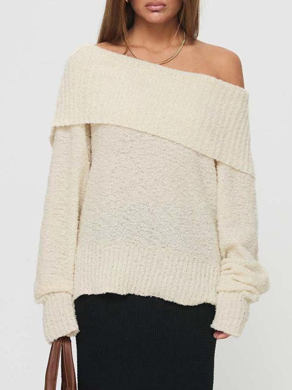 Women's Solid Off Shoulder Sweater Pullover, Casual Long Sleeve Jumper for Spring & Fall, Fashion Women's Knitwear for Daily Wear