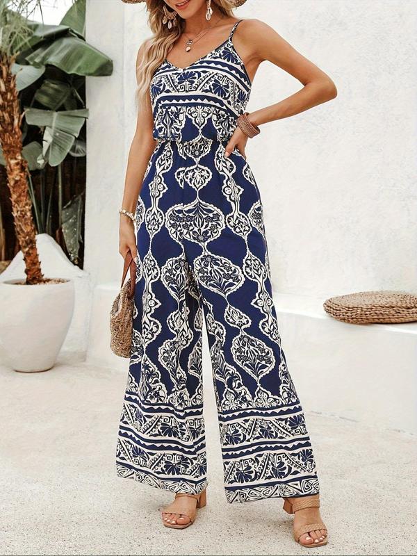 Women's Ethnic Pattern Cami Jumpsuit, Boho Fashion Adjustable Spaghetti Strap Wide Leg Jumpsuit for Beach Holiday Vacation, Ladies Summer Clothes