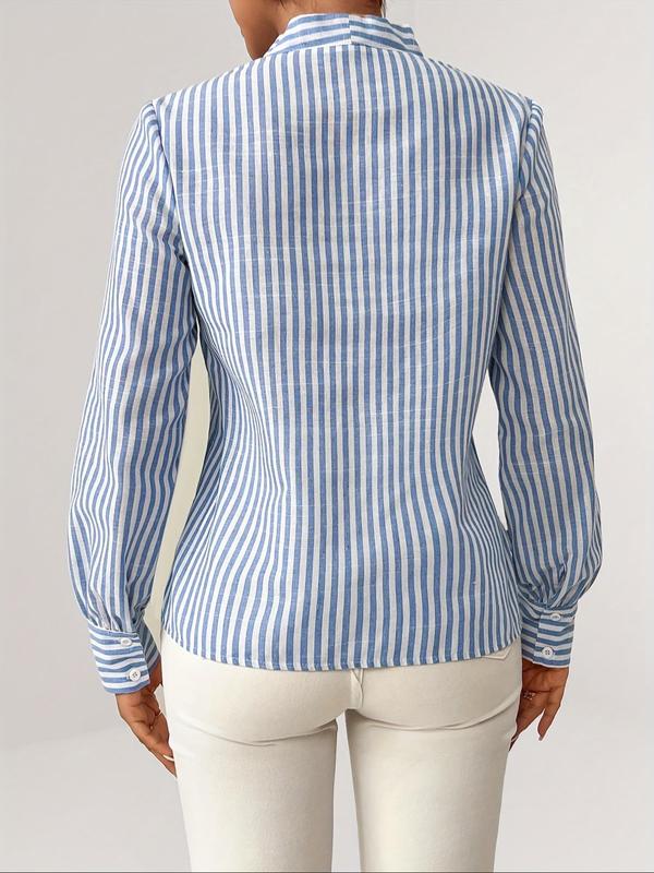 Women's Striped Print Ruched V Neck Blouse, Casual Long Sleeve Top for Daily Wear, Fall Clothing Women, Ladies Clothes for All Seasons