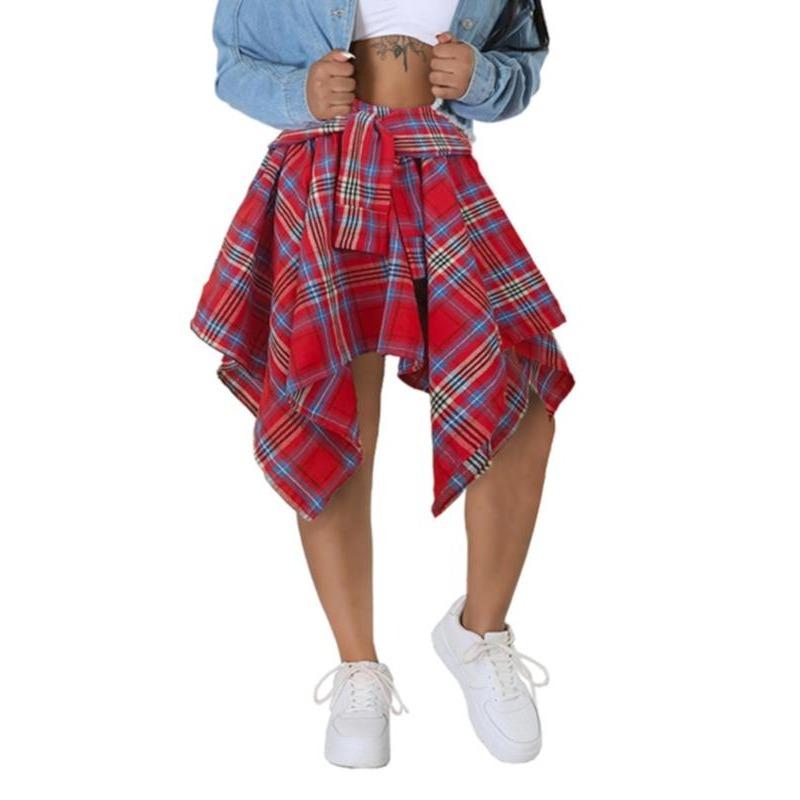 Women's Plaid Print Knot Front Skirt, Fashion Casual Asymmetrical Hem Knee Length Skirt for Daily Outdoor Wear, Women's Bottoms for Fall, Skirts for Women