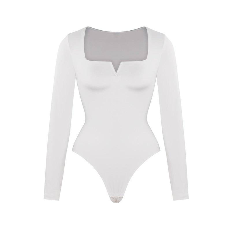 FeelinGirl Shapewear Square Neck Bodysuit for Women Long Sleeve Middle Sized Girl Bodysuits Going Out Tops Ladies Fashion  Slim Elastic Womenswear