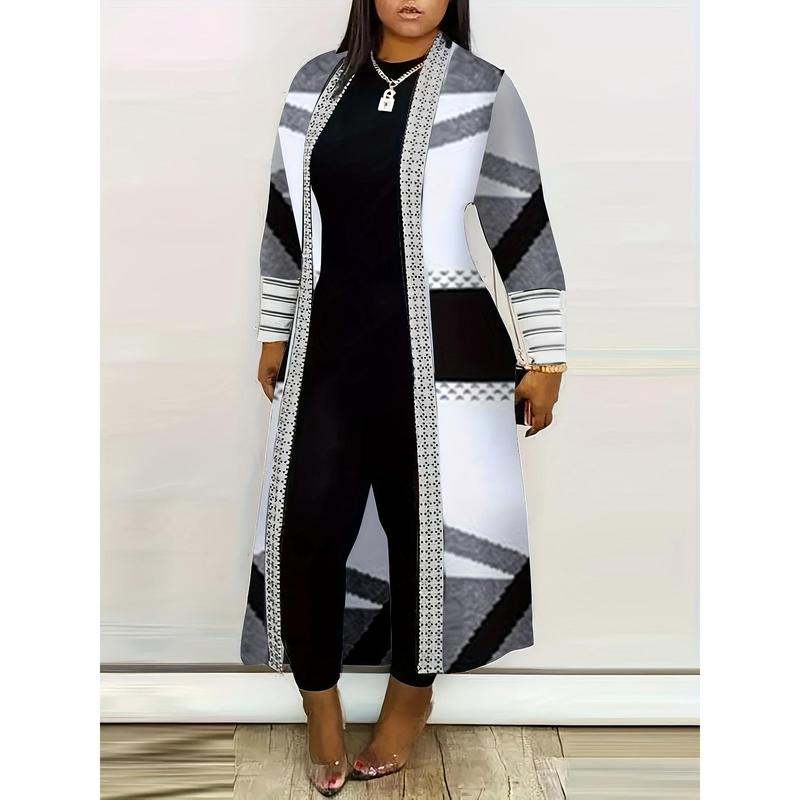 Plus Size Stripes Print Open Front Coats, Casual Long Sleeve Long Length Coats For Spring & Fall, Women's Plus Size Clothing