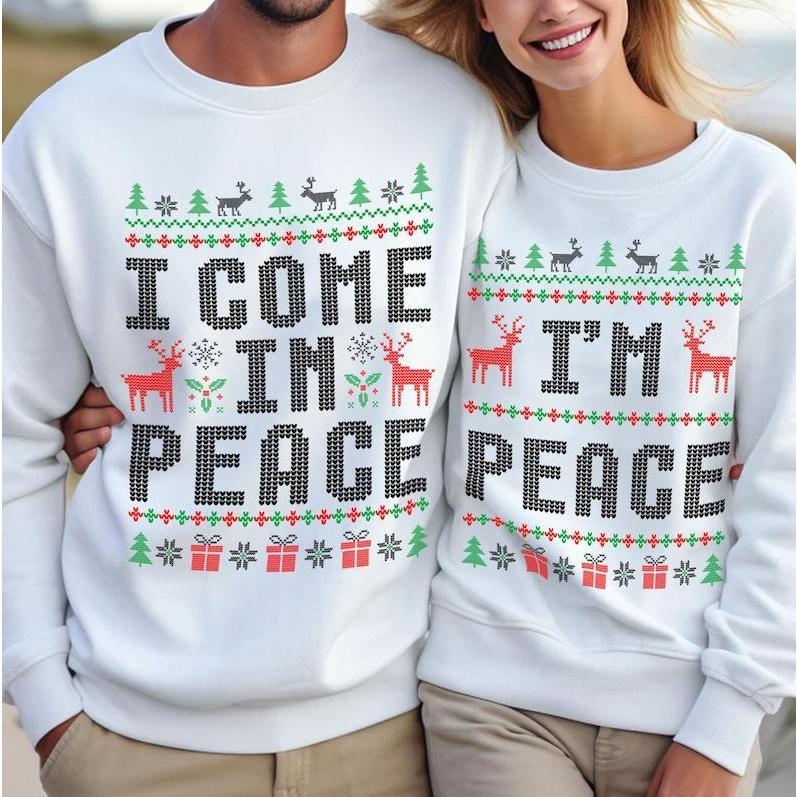 I Come in Peace I'm Peace Sweater, Funny Couple Ugly Christmas Sweater, Humorous Couples Matching Holiday Apparel Holiday Party Adult Humor