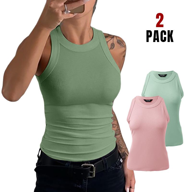 ChicMe Women's 2-Pack Round Neck Thick Strap Racerback Ribbed Tank Slim Fit Tops without Bra Pads Comfort Fabric