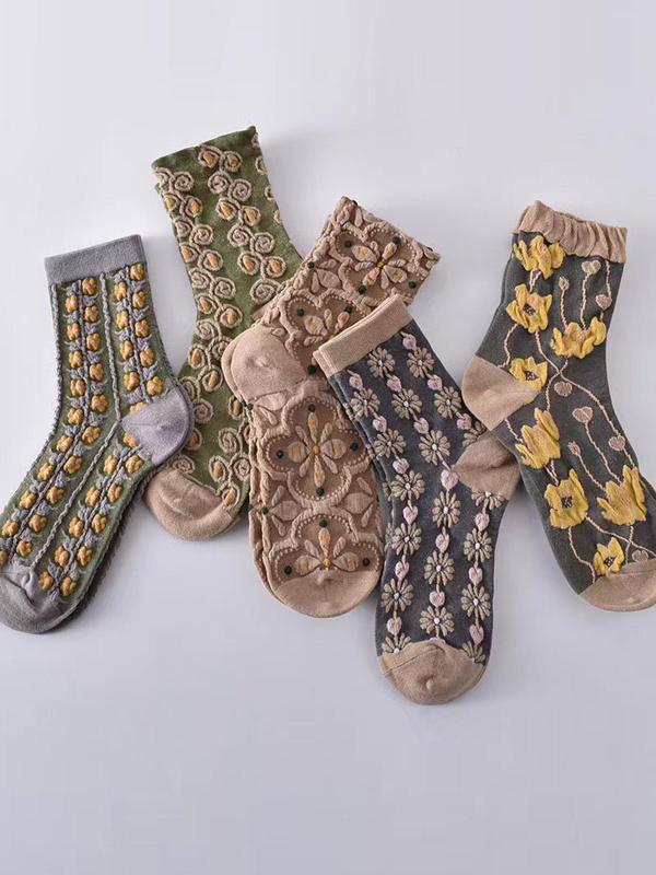 Women's Textured Floral Print Crew Neck Socks, Retro Multicolored Socks, Fashion Ladies' Fall & Winter Socks For Daily Wear