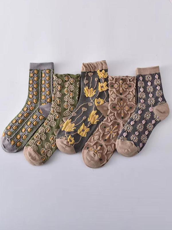 Women's Textured Floral Print Crew Neck Socks, Retro Multicolored Socks, Fashion Ladies' Fall & Winter Socks For Daily Wear