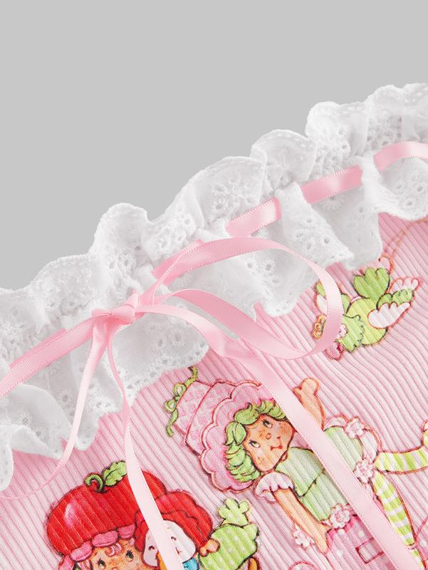 Strawberry Shortcake | ROMWE Women Summer Cartoon Character & Letter Print Contrast Schiffy Ruffle Trim Bow Decor Tube Top