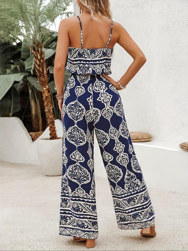 Women's Ethnic Pattern Cami Jumpsuit, Boho Fashion Adjustable Spaghetti Strap Wide Leg Jumpsuit for Beach Holiday Vacation, Ladies Summer Clothes