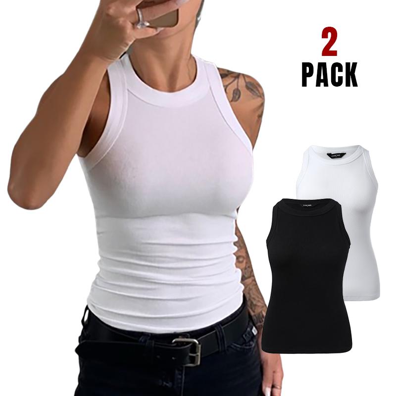 ChicMe Women's 2-Pack Round Neck Thick Strap Racerback Ribbed Tank Slim Fit Tops without Bra Pads Comfort Fabric