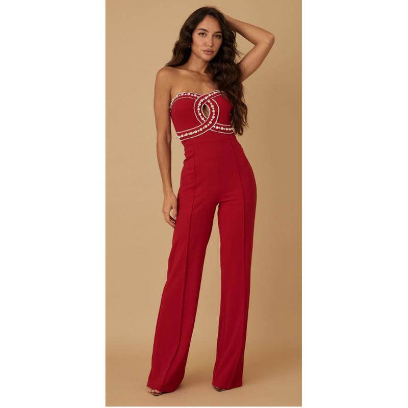 STRAPLESS ALMOND SHAPE SLIT WITH RHINESTONE TRAIN - DOUBLE CROSS OVERLAP DETAIL WITH TRAILS OF RHINESTONES woman jumpsuit