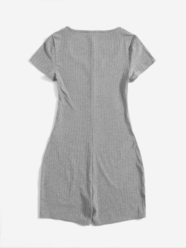 Women's Solid Notched Neck Skinny Romper, Casual Short Sleeve Ribbed Romper for Daily Wear, Ladies Clothes for All Seasons