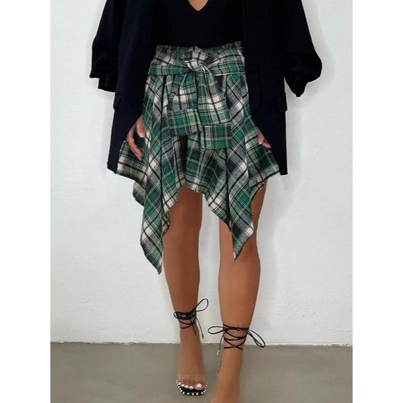 Women's Plaid Print Knot Front Skirt, Fashion Casual Asymmetrical Hem Knee Length Skirt for Daily Outdoor Wear, Women's Bottoms for Fall, Skirts for Women