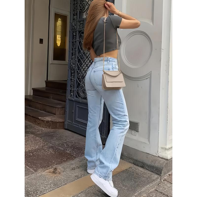 Light Washed High Waist Straight Jeans, Women's Loose Fit Denim Pants with Slash Pocket