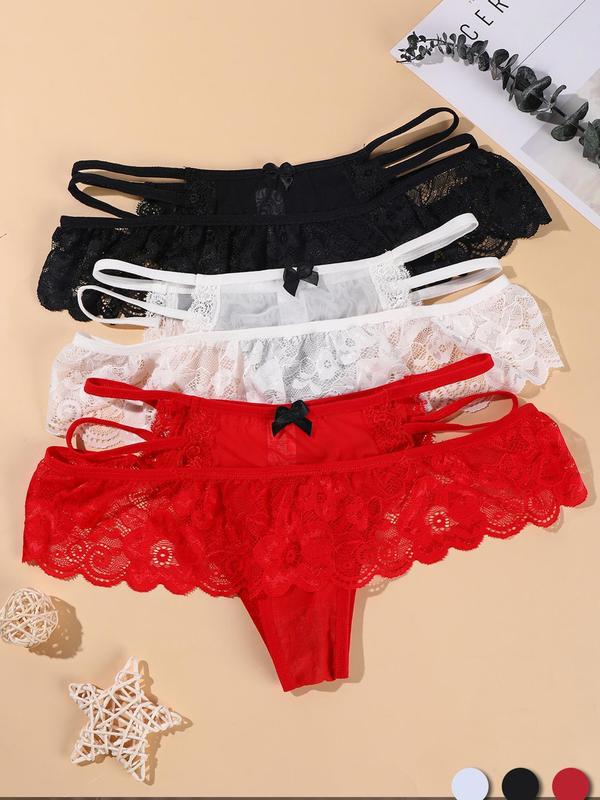 Women's 3pcs Bow Decor Lace Knicker, Comfy Breathable Cozy Hollow Out Lace Panty for Lady Daily Wear, Women Underwear Bottom for All Seasons, Comfort Womenswear