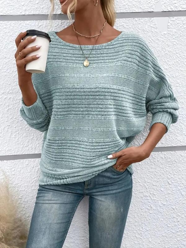 Women's Plain Round Neck Batwing Sleeve Tee, Casual Long Sleeve Crew Neck T-shirt for Fall & Winter, Fashion Ladies' Knit Clothing for Daily Wear