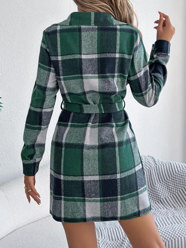 Women's Plaid Print Button Decor Dress, Casual Long Sleeve Collared Short Dress for Fall & Winter, Women's Clothes for Daily Wear