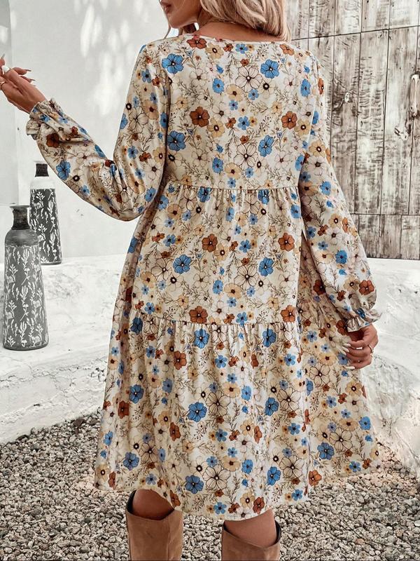 Women's All Over Floral Print Plicated Flounce Sleeve Dress, Casual Long Sleeve Round Neck Short Dress for Daily Wear, Ladies Clothes for All Seasons，  Moo Moo Dresses