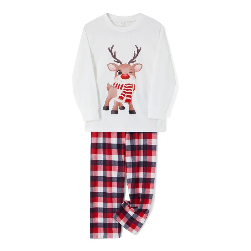 Family Matching Christmas Pajamas Outfits, Long Sleeve Elk Printed Tops + Elastic Plaid Pants Romper Sets Sleepwear & Loungewear