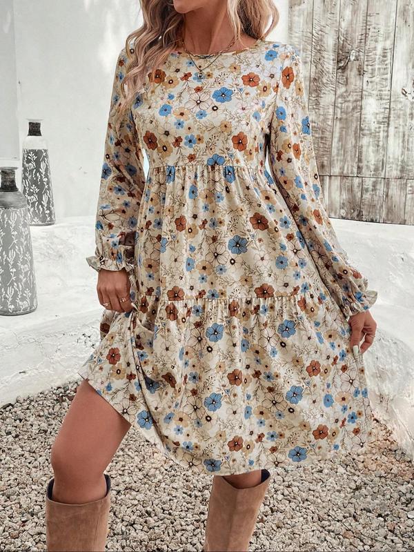 Women's All Over Floral Print Plicated Flounce Sleeve Dress, Casual Long Sleeve Round Neck Short Dress for Daily Wear, Ladies Clothes for All Seasons，  Moo Moo Dresses