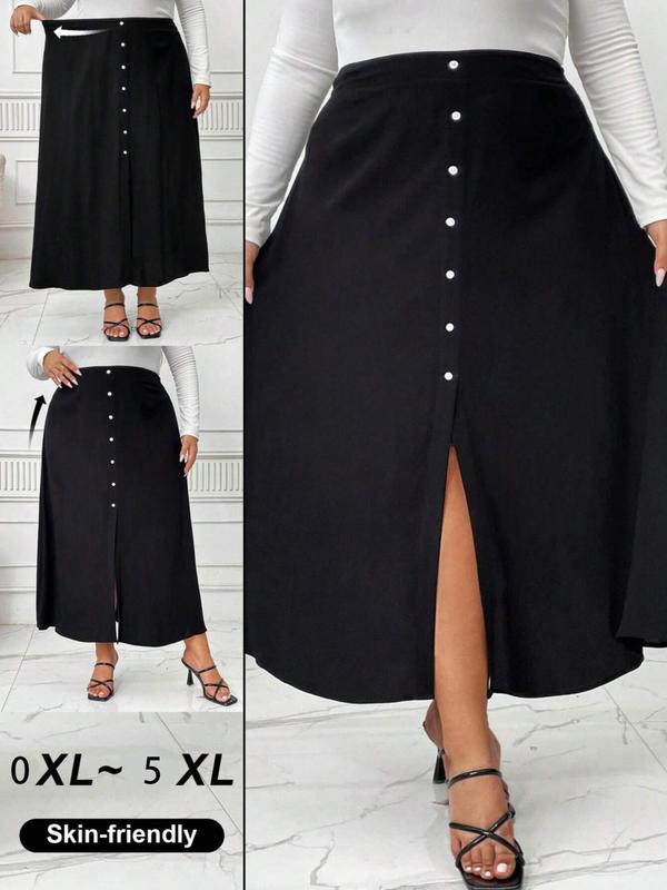  Button Front Split Thigh Skirt, Casual Solid Color High Waist Long Skirt for Daily Wear, Women's Bottoms for All Seasons