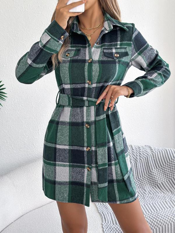 Women's Plaid Print Button Decor Dress, Casual Long Sleeve Collared Short Dress for Fall & Winter, Women's Clothes for Daily Wear