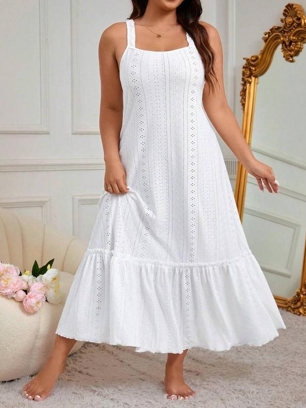  Eyelet Embroidery Ruffle Frill Trim Nightdress, Casual Soft Comfortable Lettuce Trim Square Neck Sleeveless Nightgown for Women, Women's Plus Sleepwear for All Seasons